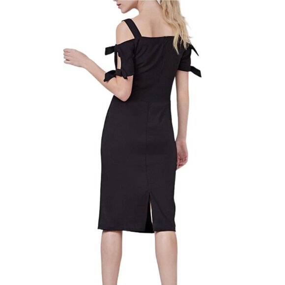 Maggy London Women’s Black Cold Shoulder Midi Sheath Cocktail Evening Dress Sz 2 - Picture 2 of 12